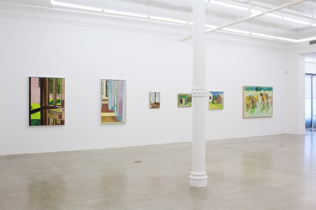Photograph showing a view of an exhibition space, with six paintings hanging on a white wall