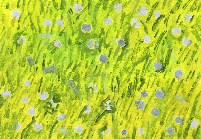 Painting of small white flowers in a bed of grass