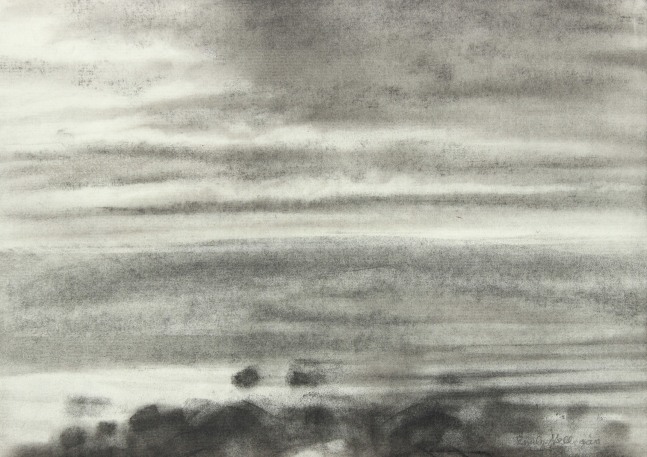 Charcoal landscape drawing of the sky and sea on a cloudy day