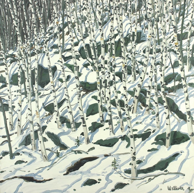 Landscape painting of a snowy bank covered in rocks and birch trees