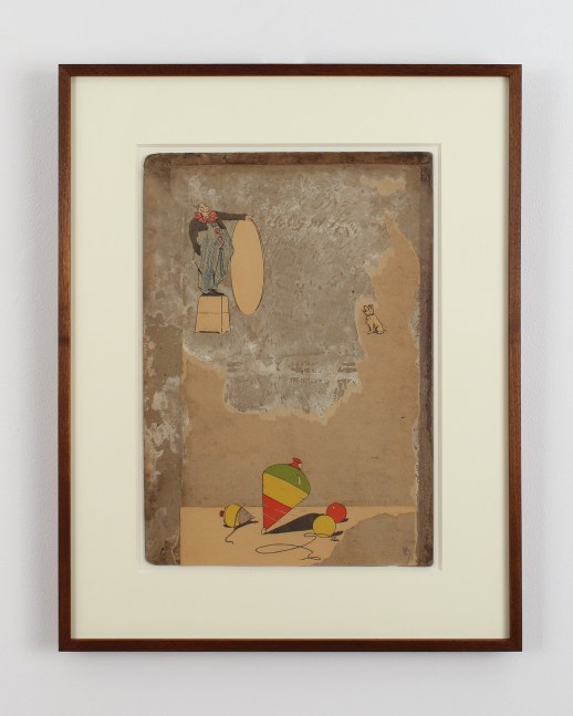 Framed collage with a group of children's toys on the bottom and a circus figure holding a hoop above