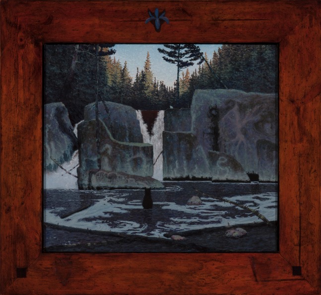 Painting of waterfalls in a rocky forest landscape, with a bear in the center of the painting gazing at the waterfall in the background