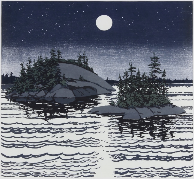 Woodcut of a nocturnal scene: two small landmasses emerging from the sea, illuminated by the full moon and stars overhead