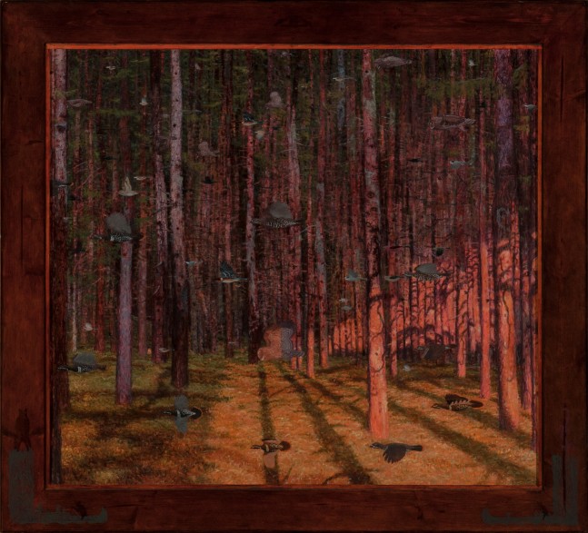Painting of numerous birds flying through a dense forest landscape, with pink light from a sunset or sunrise illuminating the trees on the lower right side of the canvas