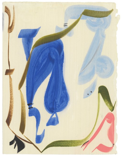 Abstract painting with organic blue, green, pink and brown forms on a cream-colored ground