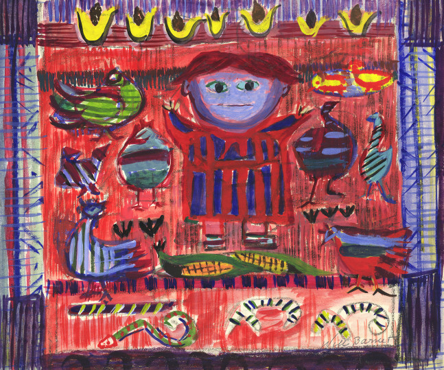 Abstracted painting of a child on a brightly-colored rug surrounded by toys and ephemera