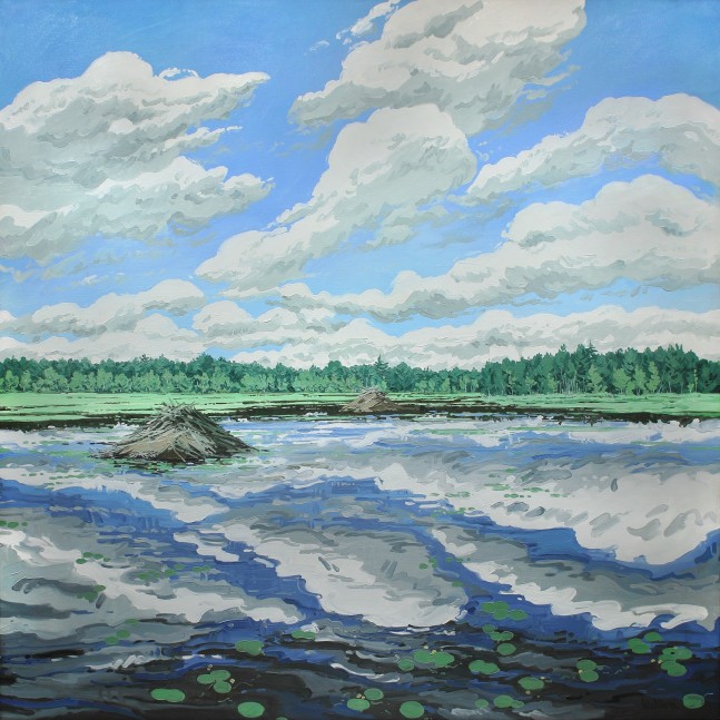 Landscape painting of a body of water strewn with lily-pads, two beaver dams receding into the distance, and a blue sky with big white clouds overhead and reflected in the water