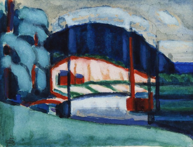 Watercolor painting of an abstracted landscape with a river running through it