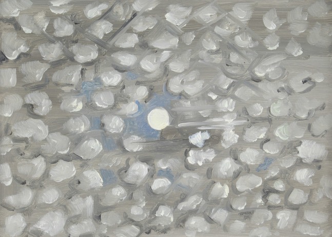 Painting of a full moon peeking out from behind a cloud formation