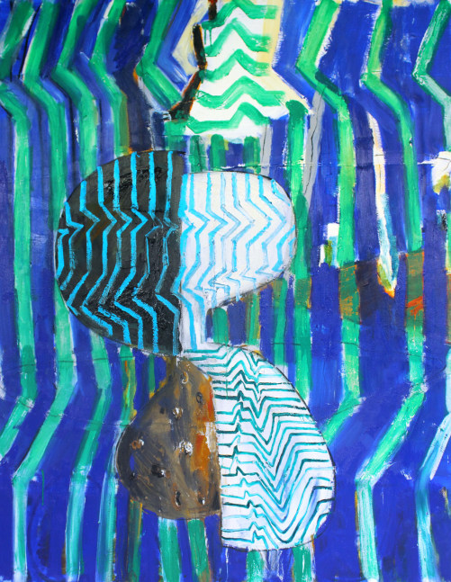 Abstract painting consisting of lines and forms in blue, green, black, white and orange