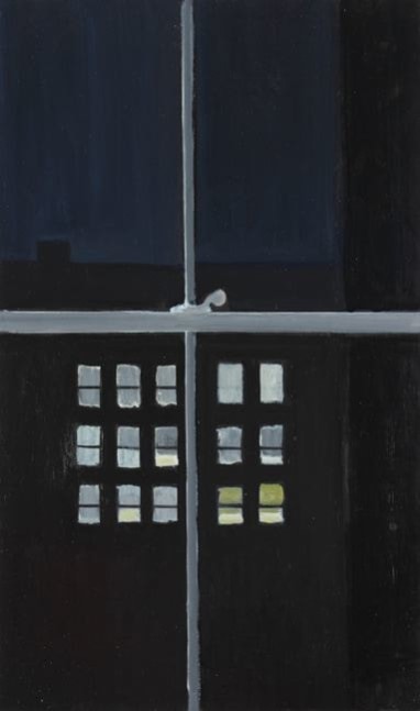 Painting showing a view looking out from an interior window at a dark building at night with lights emanating from fifteen windows