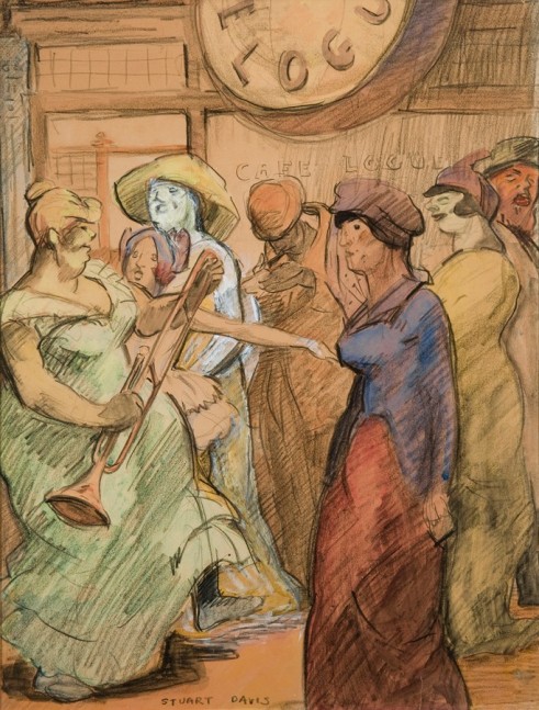 Drawing of a group of musicians, dancers and patrons in a cafe