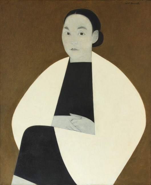 Portrait painting of a woman in black, wearing a white shawl