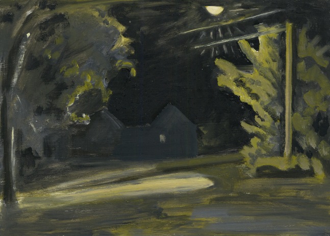 Painting of a nocturnal landscape, with two large trees illuminated by a street light in the foreground, and a dark building in the background