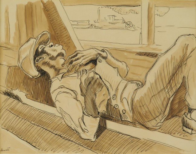 Thomas Hart Benton, Deck Hand, c. 1928, graphite, ink and sepia wash on paper, 9 x 11 1/2 inches