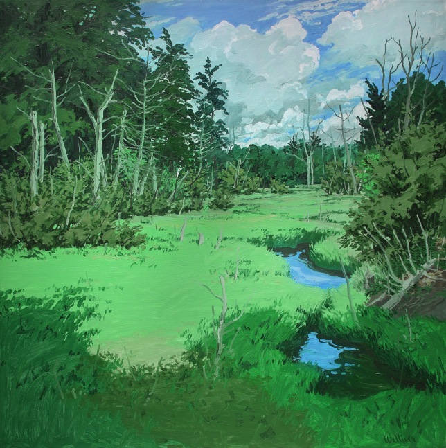 Landscape painting of a green meadow with patches of water, surrounded by a forest