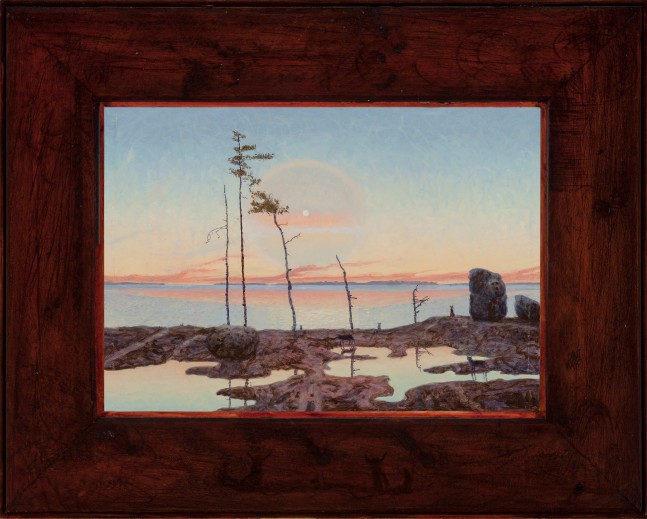 Painting of a wetlands landscape with forest animals throughout and a radiant sun overhead