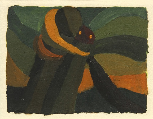 Abstract painting with geometric and organic forms in green, orange, and blue-grey