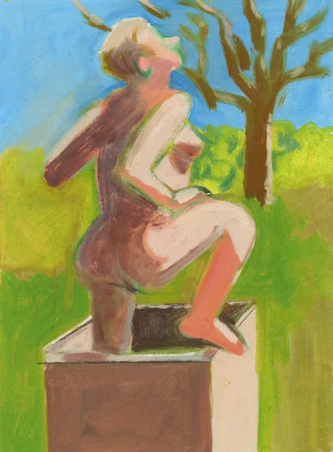 Painting of a nude figure outdoors stepping out of a box, with a tree and blue sky in the background