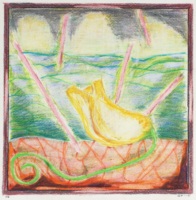 Abstract drawing on paper with a yellow flower-form on an orange surface, with an abstracted seascape in the background