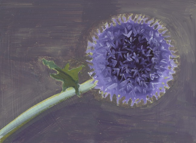Painting of plant with a blue, spiky orb on a brown ground