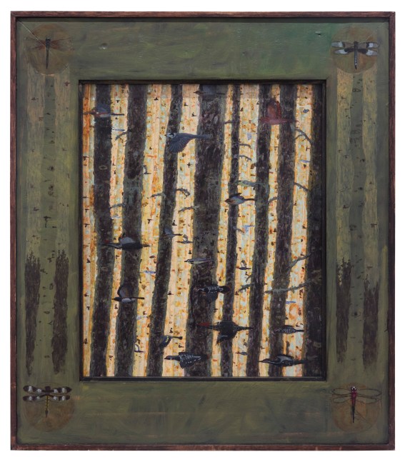 Zaagichigaade, 2025, oil on rag board, 16 7/8 x 14 7/8 inches, including artist&amp;#39;s hand painted frame