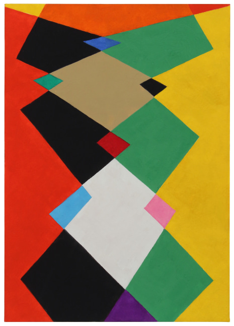 Geometric abstract painting with interlocking shapes in red, orange, yellow, green, tan, blue, pink, and purple