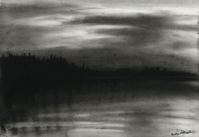 Charcoal landscape drawing of the sky and ocean at dawn or dusk and a tree-lined shore, with dim sunlight coming through soft clouds and reflected off the water