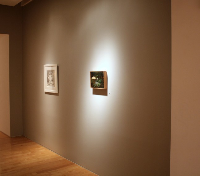 Photograph showing a view of an exhibition, with one framed drawing and one framed painting hanging on a grey wall