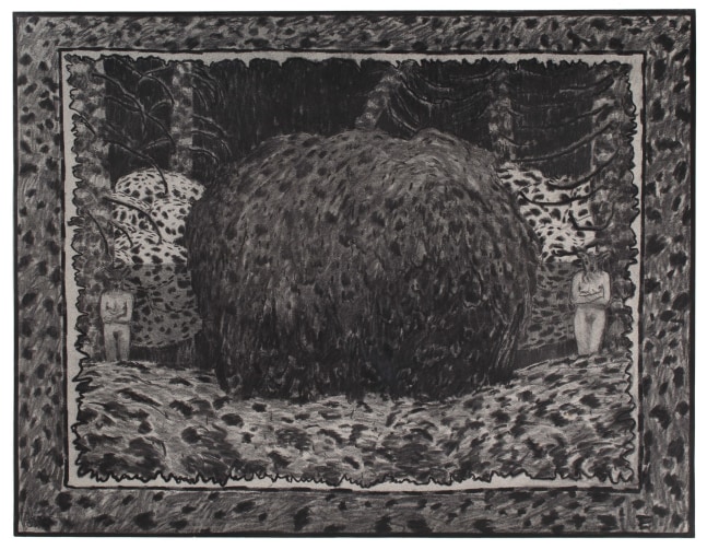 Charcoal drawing of a surreal forest scene with two figures with the body of a human and the head of an animal standing on either side of a large mound