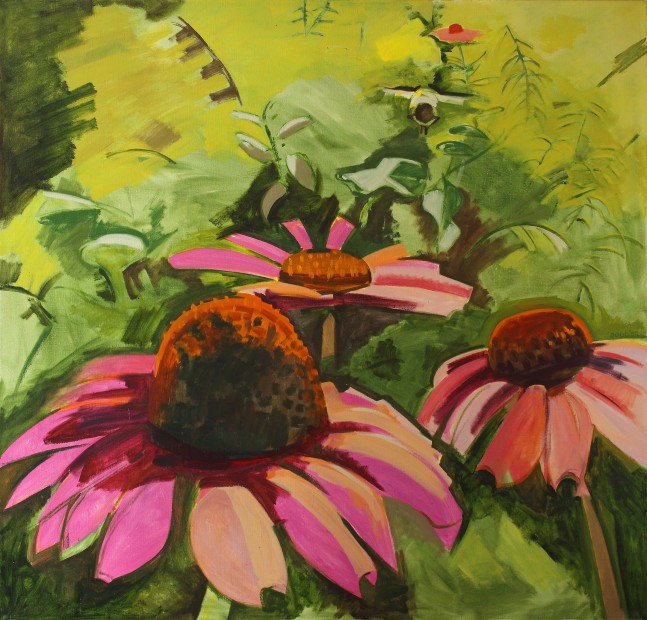 Painting of three pink flowers with an abstracted green background