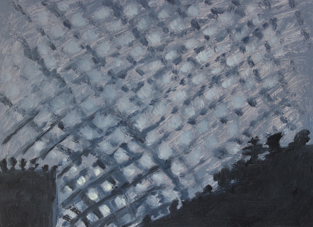 Painting of a criss-crossing cloud formation in the evening sky with the silhouettes of a building and trees below