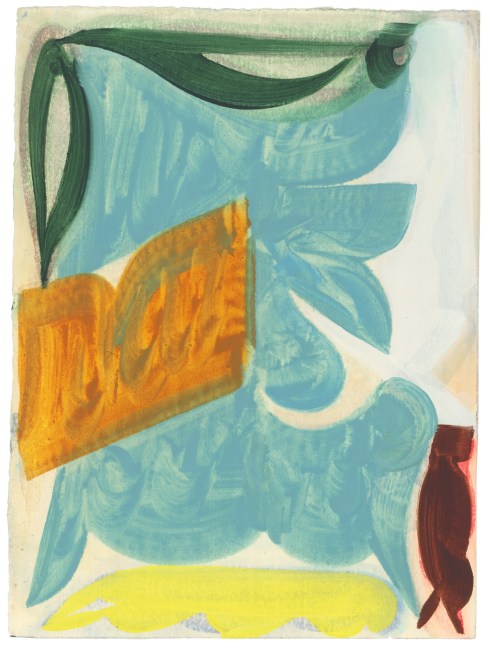 Abstract painting with organic forms in teal, orange, yellow, red and green on a cream-colored ground