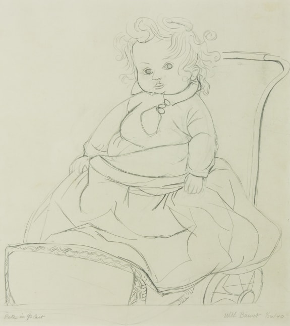 Drawing of a small child sitting in a wheeled cart