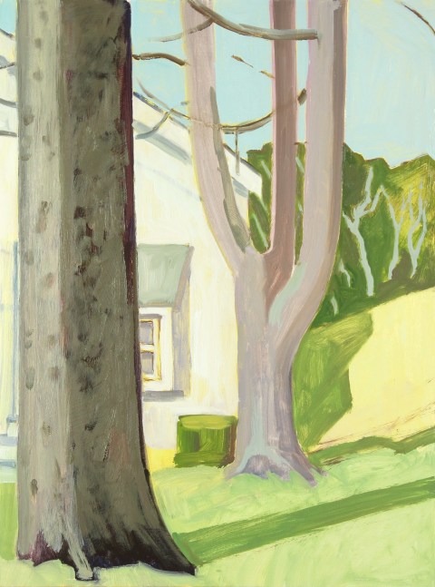 Painting of two trees in a grassy yard with a white building in the background
