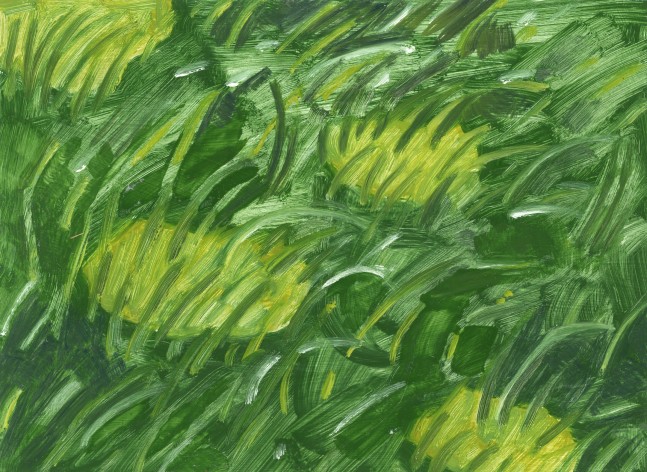 Painting of four spots of sun across green grass