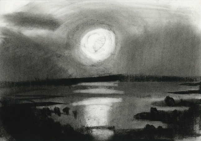 Charcoal landscape drawing of the sea at night, with a full moon int he sky and reflected on the water below