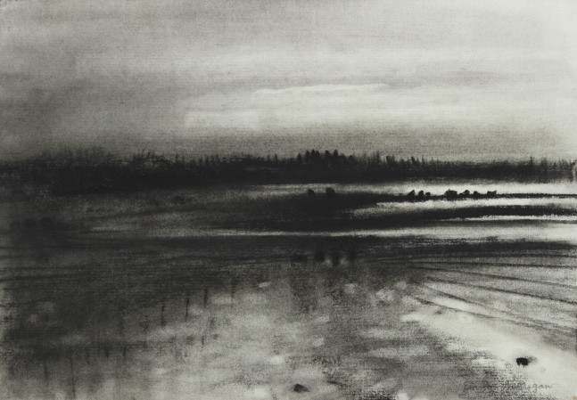 Charcoal landscape drawing of a tree-lined shore