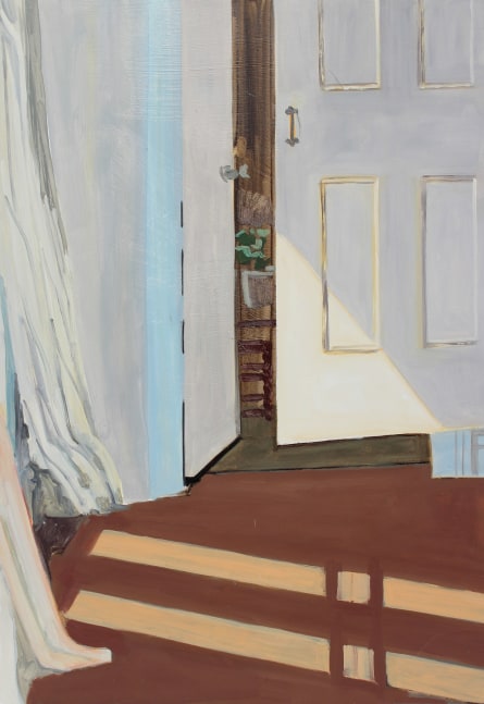 Painting of an interior view, with a patch of sunlight reflected across the floor and an open door leading into another room