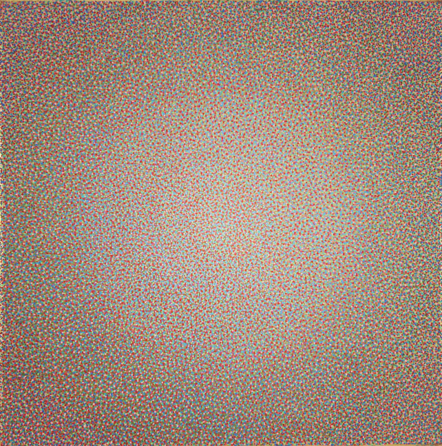 Minimalist color field painting composed of countless tiny dots of paint, creating the illusion of light radiating from the center