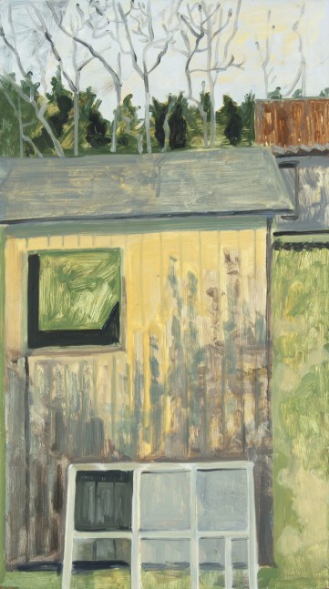 Painting of the outside building with a windowpane leaning against the wall