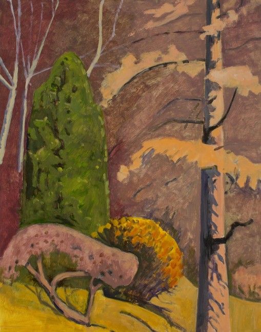 Nov. Field with Cedar + Hackmatack, 2021, oil on Masonite, 21 1/2 x 17 inches
