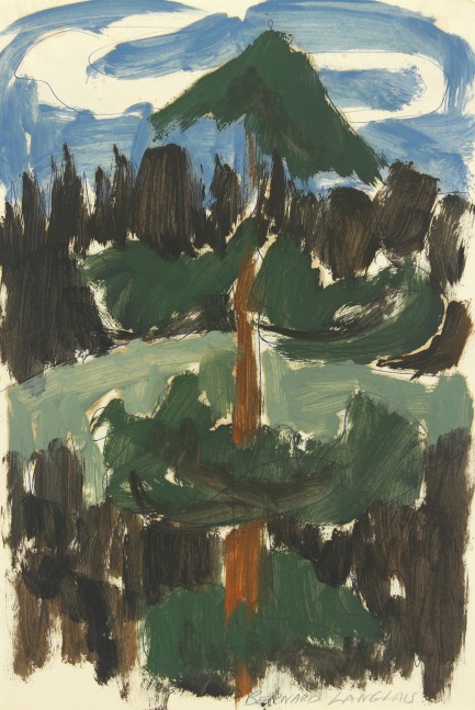 Painting on paper of a tall evergreen tree in the foreground with hills and a blue sky in the background