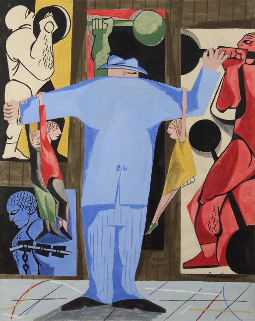 Painting of a large figure in a blue suit with his back to the viewer, with three children hanging off his outstretched arms, and posters of carnival strongmen covering the walls in the background