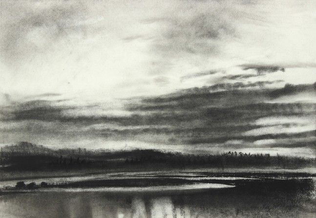 Charcoal landscape drawing of the seaside and a tree-lined shore