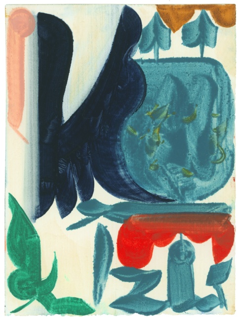 Abstract painting with organic forms in blue, green, red, pink, and ochre on a cream-colored ground