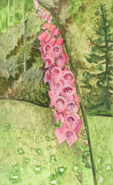 Painting of a pink flowering plant in a green landscape