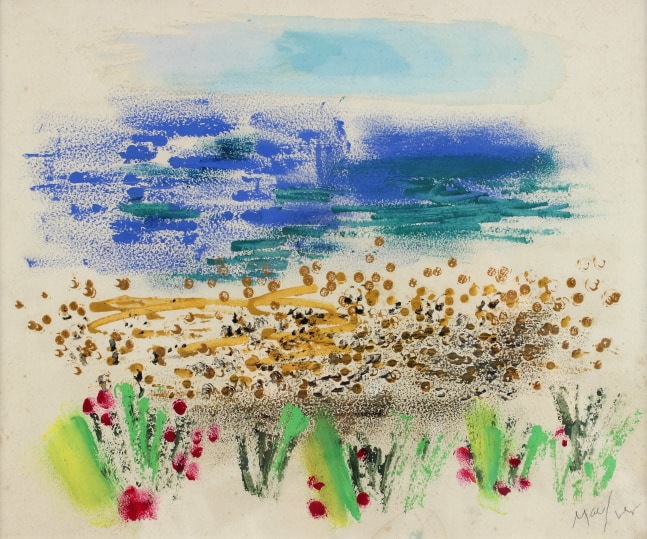 Watercolor drawing of an abstracted landscape, with plant-like shapes, a patch of sand, and a body of water in the background with a blue sky overhead
