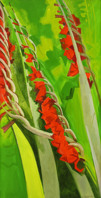 A painting of three stems of red flowers surrounded by green leaves