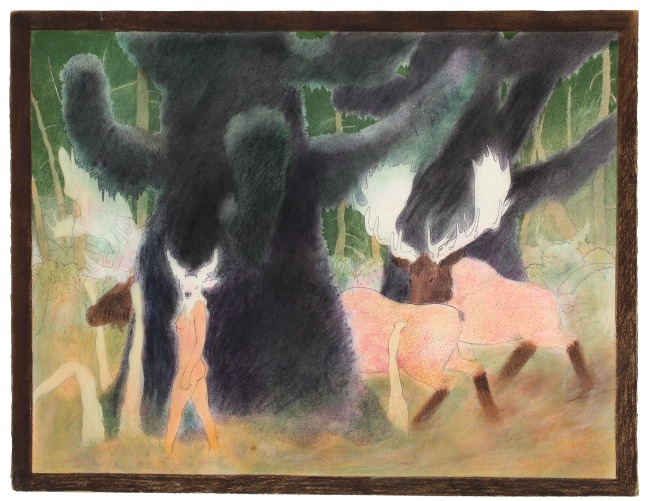Pastel drawing with a creature with a human body and animal head facing the viewer, with a procession of large moose and other creatures walking through a surreal forest scene in the background